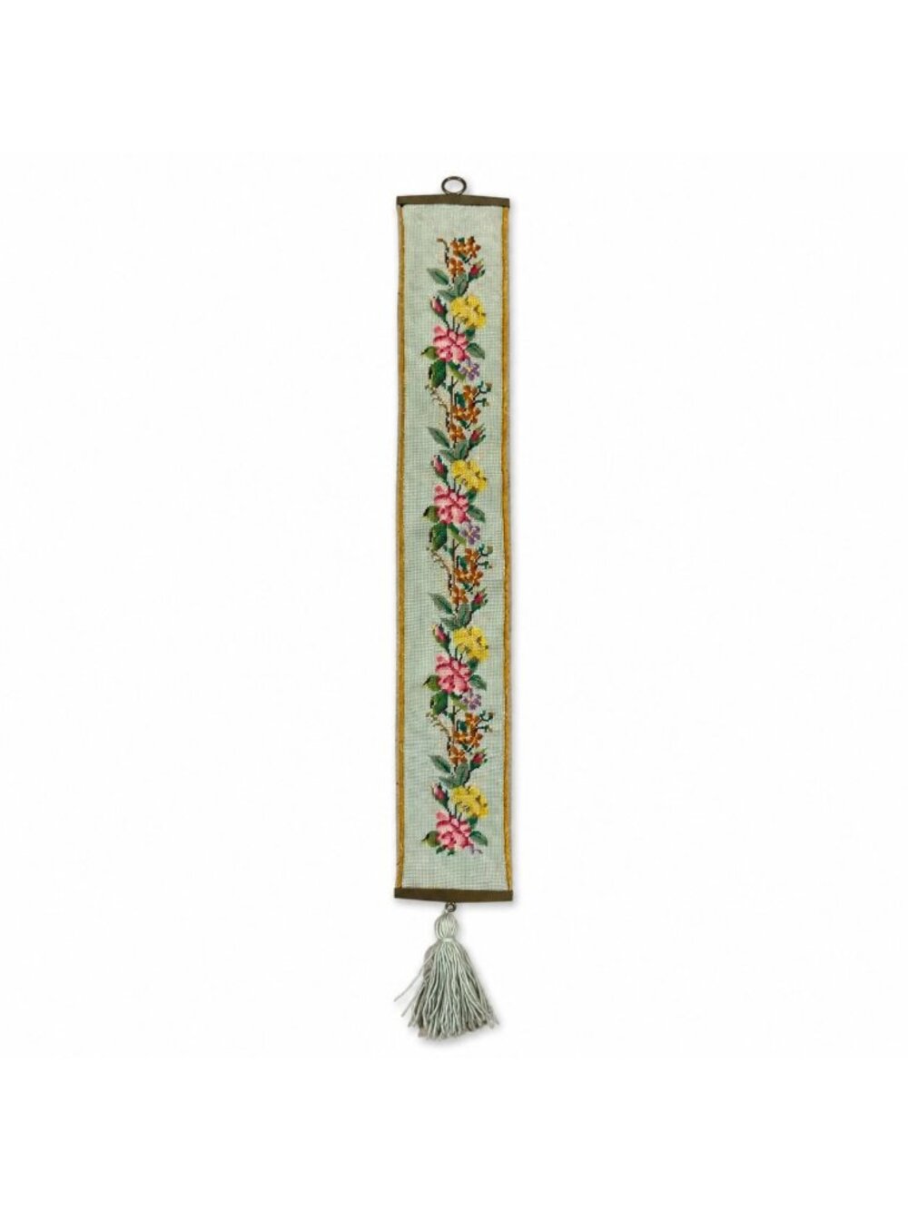 Vintage Floral Needlepoint Bell Pull Velvet Backing Hardware Hanging Tassel